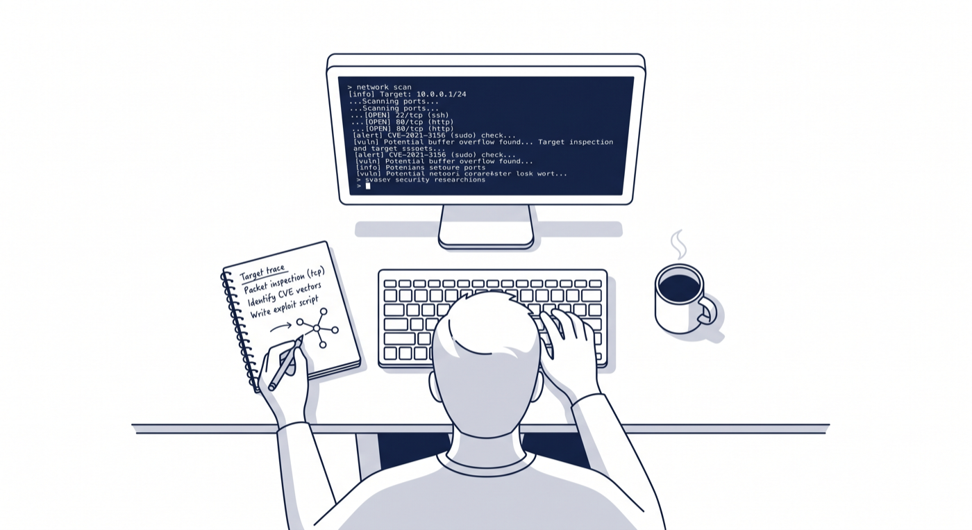 A security researcher at a terminal, examining scan output while making handwritten notes