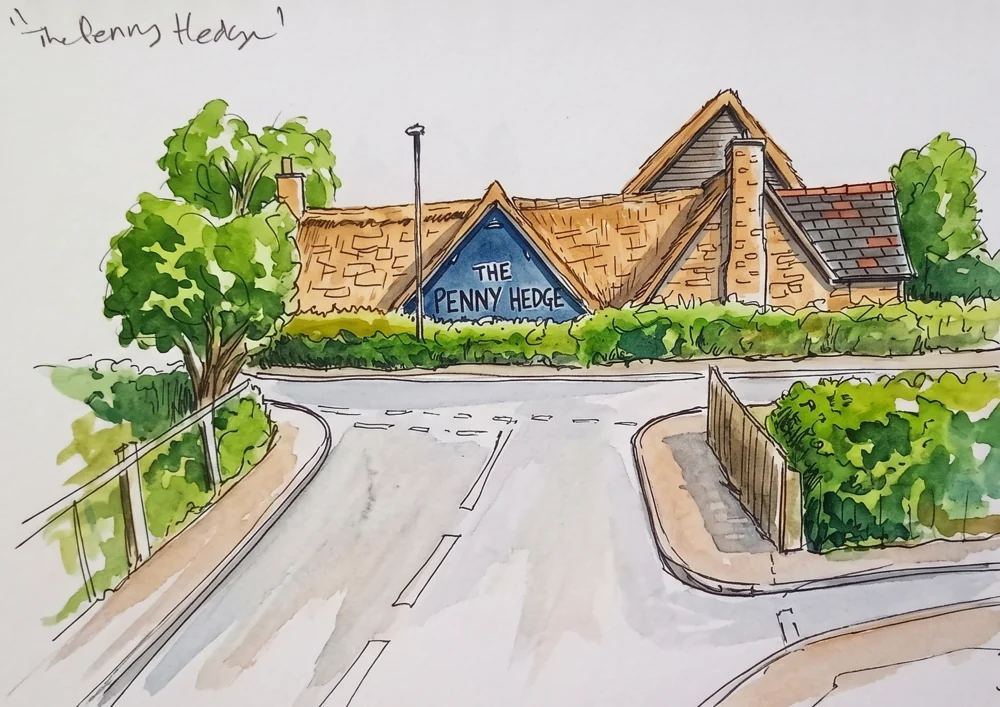 Ink and watercolour sketch of The Penny Hedge pub, Whitby, with its thatched roof and blue pub sign