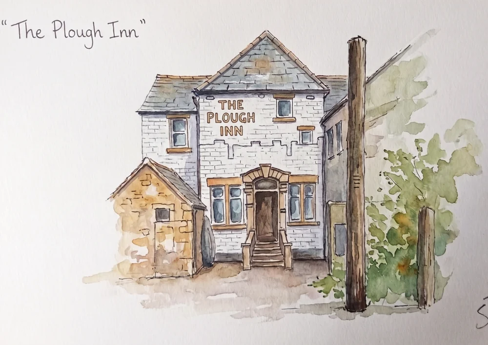 Ink and watercolour sketch of The Plough Inn pub, Whitby, viewed from across the yard