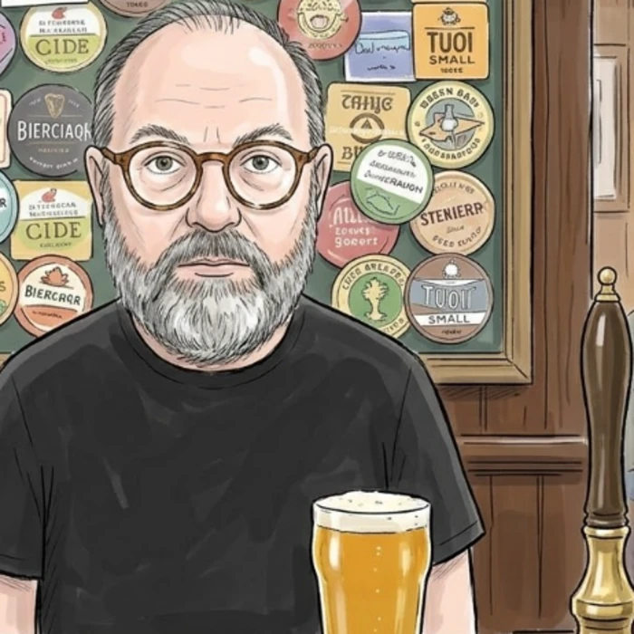 Self-portrait of Stuart Thomas seated in a pub, pint in hand, in front of a wall of beer mats